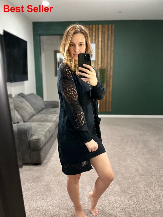 Lightweight Crochet Open-Front Cardigan Sweater with Pockets - Picture 6 of 7